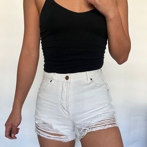 White button down distressed jean shorts
